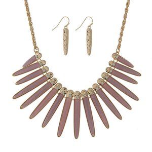 Gold tone necklace set, Shimmering pale pink epoxy fringe with white Opal Stones